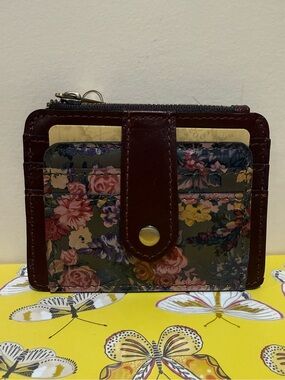 Patricia Nash Olive Floral Card Wallet with Brown Trim